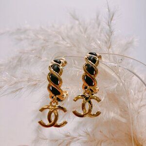 Chanel CC Logo hanging leather chain gold earrings